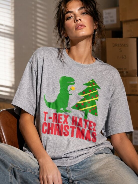 Delta Other - Delta Pro Weight T-Rex Hates Christmas Graphic Tee Gray Adult Large Holiday